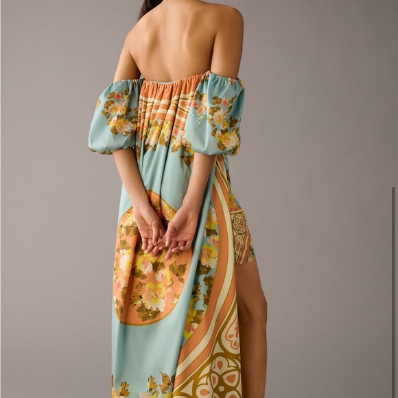 Elegant Floral High-Low Dress in Blue and Yellow - Picture 3 of 5